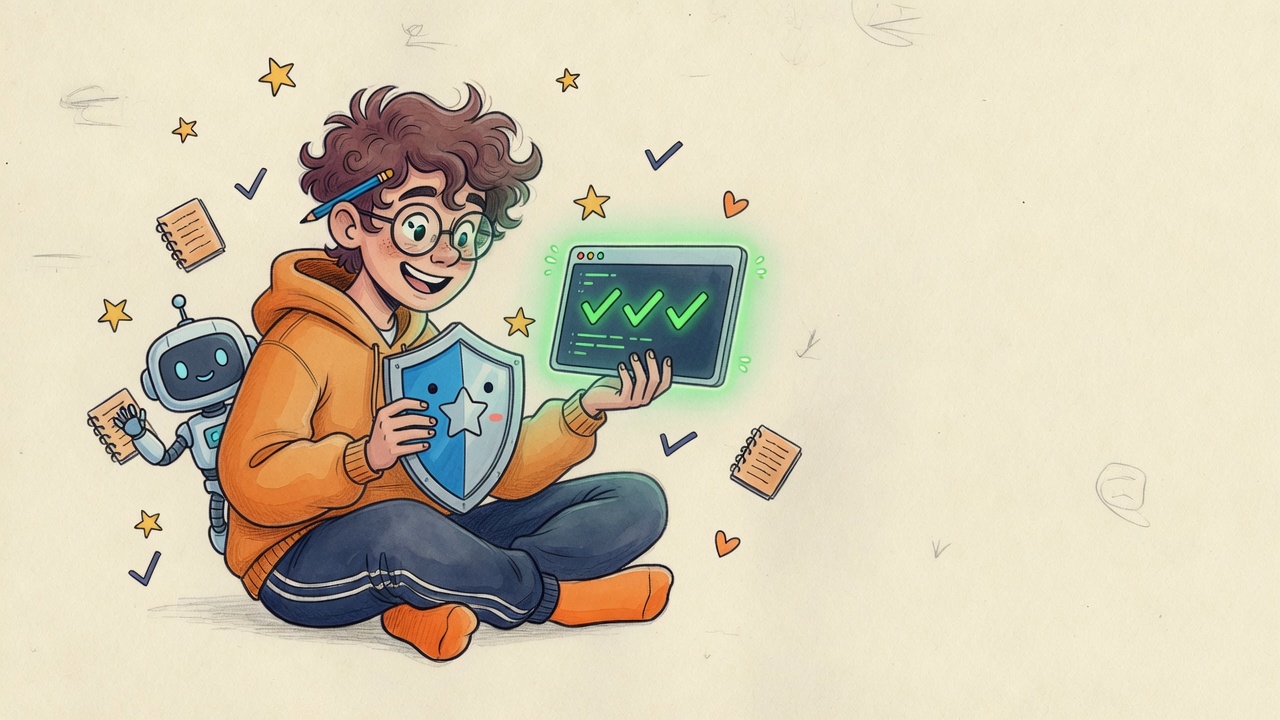 Ilustração do catálogo CMSP Hacks: estudante com script e robô auxiliar