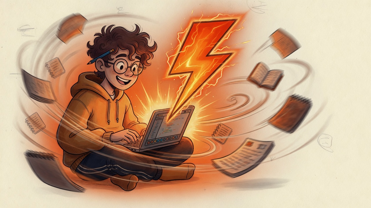 Ilustração do Doritus Script: estudante concluindo tarefas rapidamente