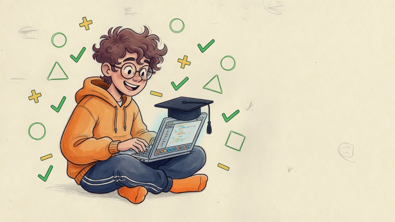 Ilustração do script Khan Academy: estudante com exercícios automáticos